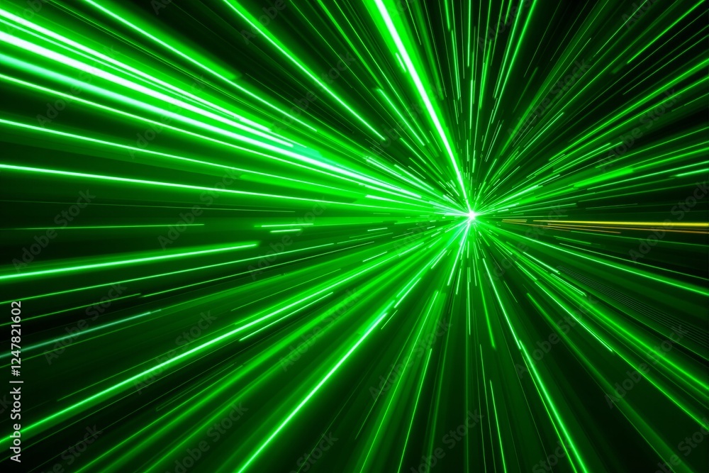 Poster abstract futuristic concept of green light speed motion effect with glowing streaks radiating from a