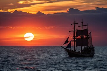 Majestic Mountain Silhouette: Dramatic Sunset Backlighting on a Ship Sailing