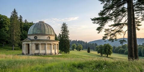 Domed structure amidst a stunning natural setting with an abundance of grass and trees, panoramic vistas, blue sky above, outdoor landscape, serene atmosphere