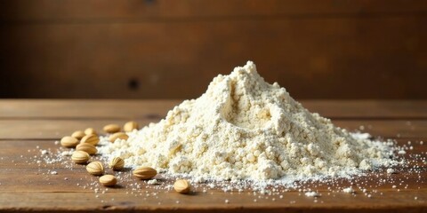 A mound of unbleached flour sits on a rustic wooden surface, accompanied by several scattered nuts.