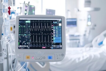 Medical monitor in a hospital room displaying vital signs.