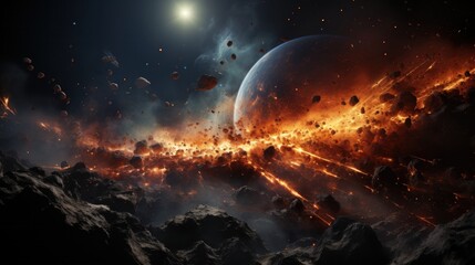 Explosive space scene with planets and stars.