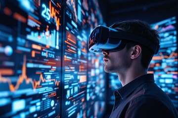 Man with VR headset observing virtual data interfaces in a futuristic digital setting, surrounded by glowing analytics and graphs. Concept of technology. Ai generative