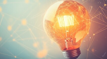 15.Flat vector design of a lightbulb with a vibrant filament glow, surrounded by subtle radiating lines, representing innovation and energy on a white background.