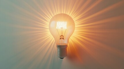 15.Flat vector design of a lightbulb with a vibrant filament glow, surrounded by subtle radiating lines, representing innovation and energy on a white background.