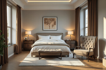 Stylish interior of bedroom with comfortable armchair, sofa and bed. Front view.