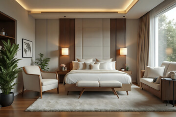 Fototapeta premium Stylish interior of bedroom with comfortable armchair, sofa and bed. Front view.