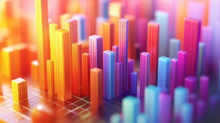 Obraz premium Colorful 3D bar graph, vibrant hues. Illustrates data growth, progress, or statistics, ideal for business or finance.