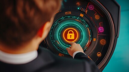 Business professional interacting with futuristic security interface, highlighting digital protection