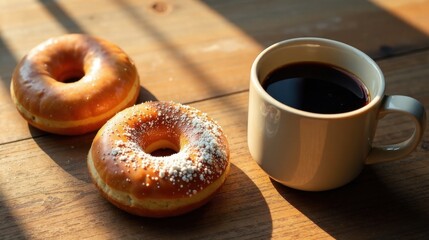 Sweet glazed donuts and a cup of coffee on a wooden surface bathed in sunlight
