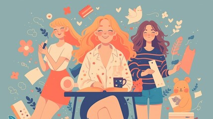 Obraz premium Creative collaboration, three diverse women engaging in artistic endeavors