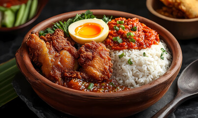 Fototapeta premium Nasi Lemak in a Traditional Clay Pot Adorned with Crispy Anchovies, Peanuts, and Cucumber for Flavorful Dining