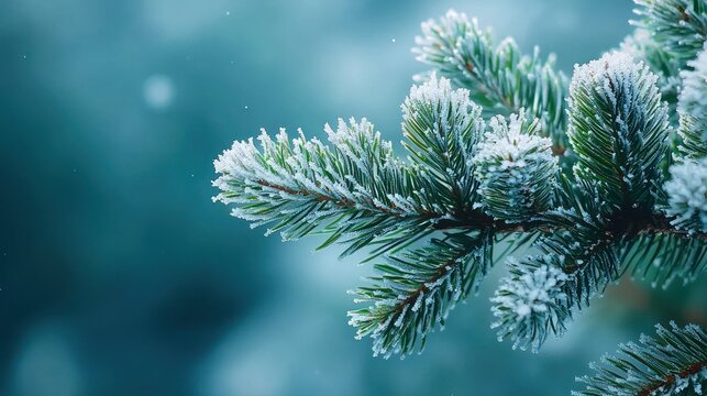 Frosty pine branch, winter forest background, nature card