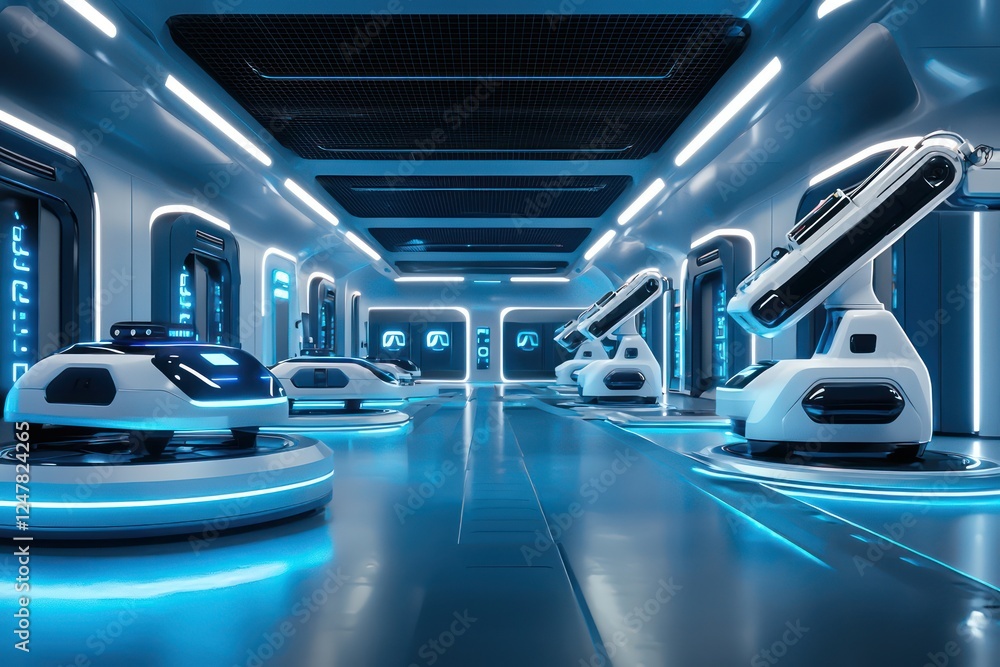 Poster state-of-the-art logistics hub with robots and autonomous delivery mechanisms.