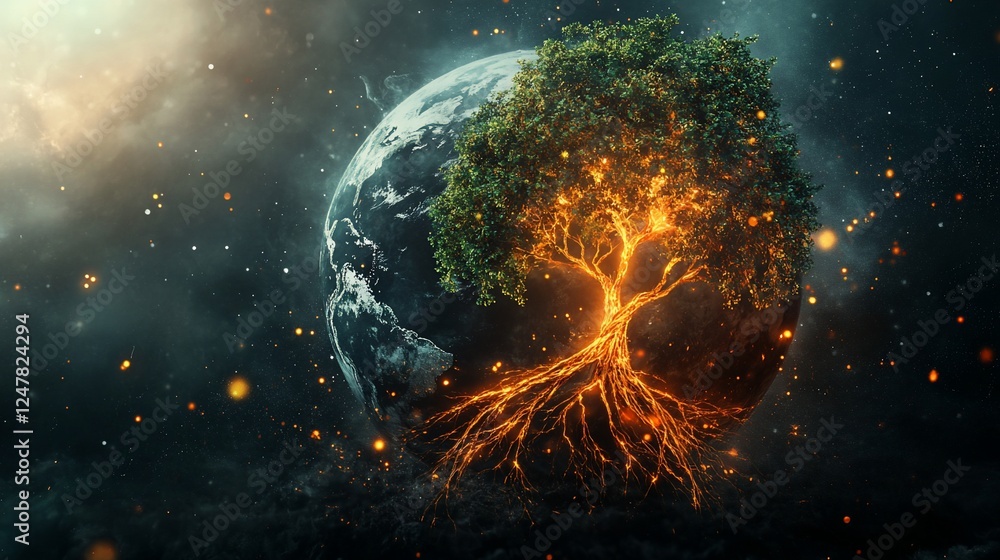 Aufkleber an otherworldly view of a glowing tree growing on a planet with stars and nebulae in the background