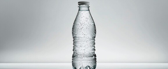 Single plastic bottle of water with condensation on a white background.