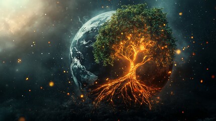Fototapeta premium An otherworldly view of a glowing tree growing on a planet with stars and nebulae in the background
