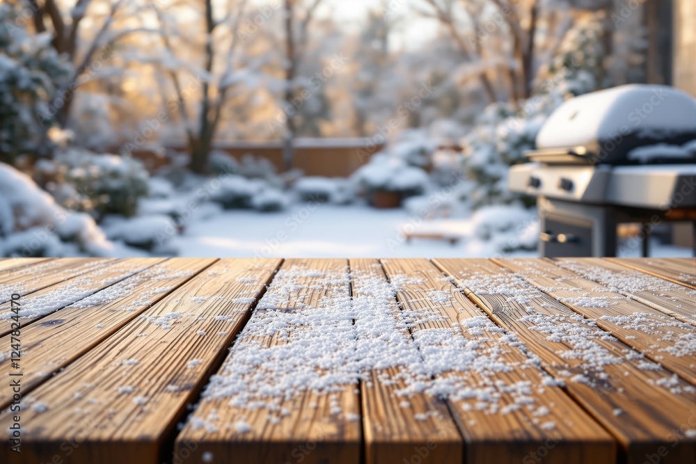 Poster wooden table with snow-covered surface in a backyard. blurred background with trees and a barbecue g