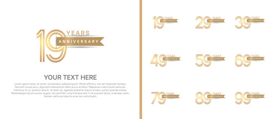 logo anniversary set. gold color with brown ribbon on white background for special event