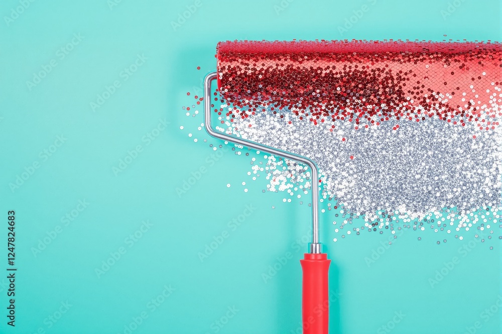 Poster paint roller covered in red and silver glitter, creating a sparkling effect on a turquoise backgroun