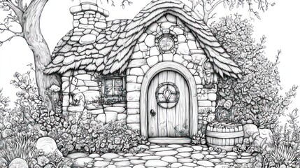 Stone cottage garden, whimsical, coloring page