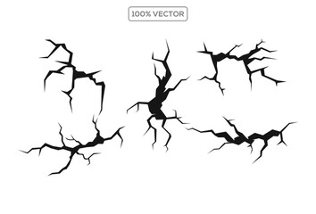 Ground split fracture line. Wall crack black silhouettes, earthquake effect. Fissure top view, vector template