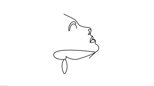 Animated: One continuous single-line drawing ofa  a beautiful woman. Feminine portrait earring jewelry minimal linear animation full-length 4k video clip. The beauty girl profile motion graphics. 