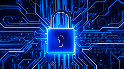A glowing security padlock over a futuristic circuit board, symbolizing cybersecurity and digital protection. Perfect for themes of online safety, encryption, and data security.