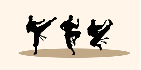 Graphic set silhouette of kung fu martial arts characters illustration. Icon of men shadow character. Vector design.