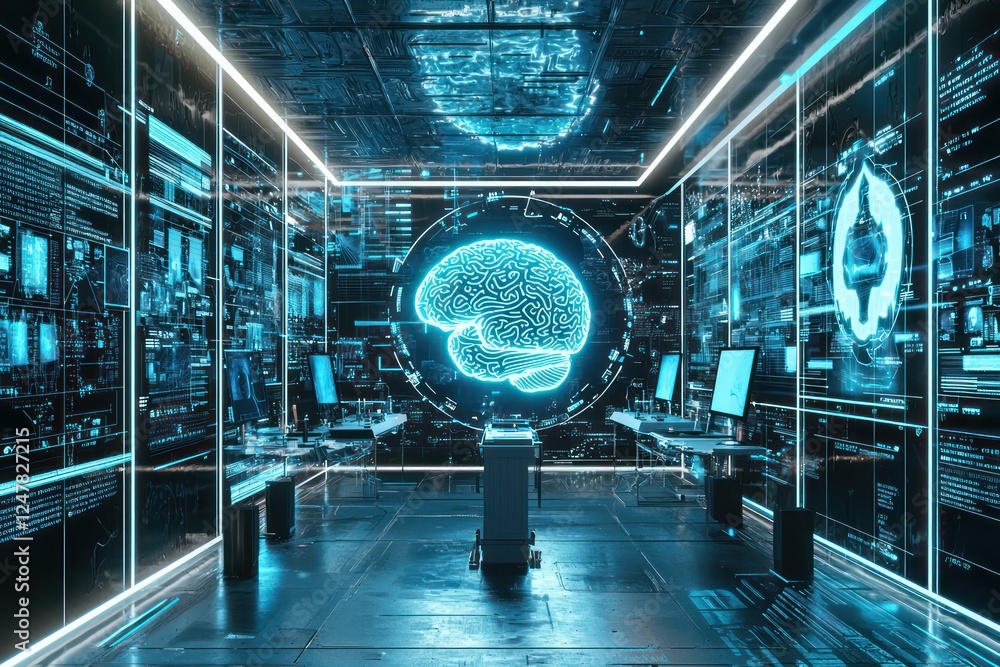 Poster futuristic neural tech center, holograms display advanced brain stimulation methods.
