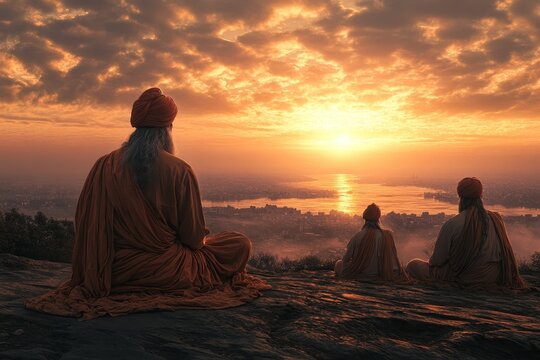 Sunrise meditation, river view, India, spiritual peace