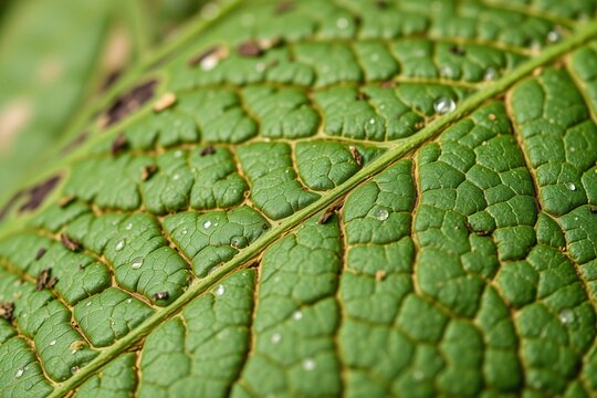 A detailed macro view of a green leaf showcasing intricate patterns and texture, emphasizing its natural beauty and complexity, perfect for nature and botanical inspired projects
