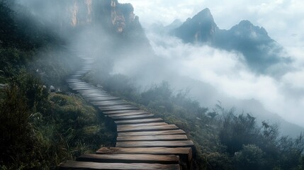 Fototapeta premium Misty mountain path winding upwards, clouds in background, journey concept