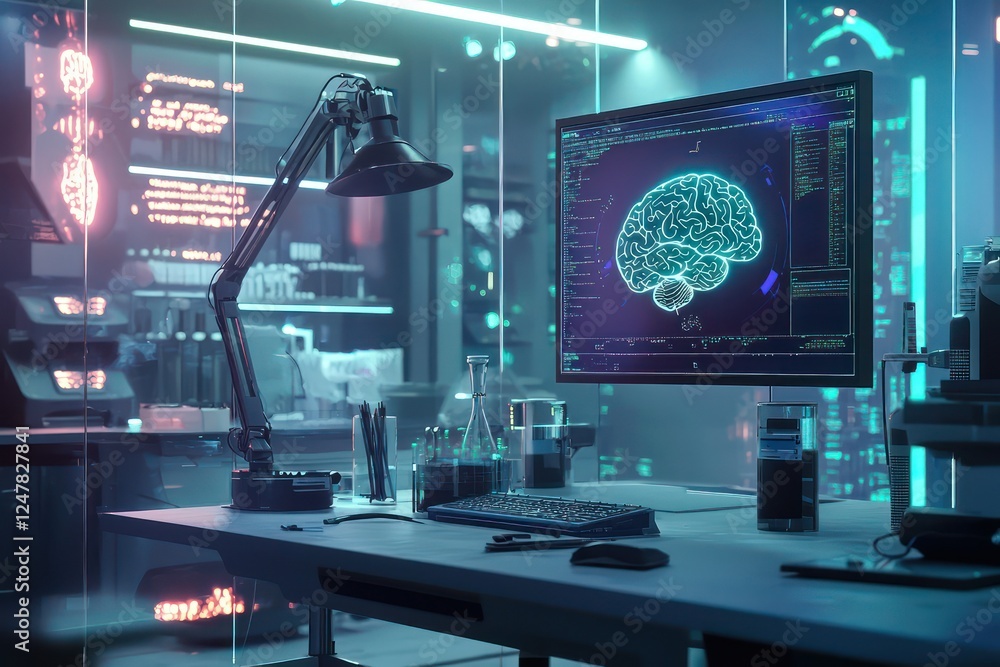Poster neural research lab employs holography for dynamic brain activity mapping.