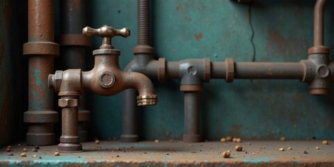 Rustic Metal Faucet Against Weathered Industrial Piping Background