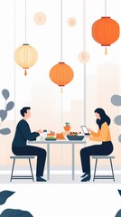 Fototapeta premium Cozy Asian Restaurant Setting with Diners Enjoying Traditional Cuisine and Contemporary Ambiance