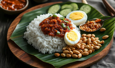 Portion of Nasi Lemak on a Green Leaf Plate, Garnished with Sambal, Peanuts, and Cucumber for Authentic Malaysian Flavor