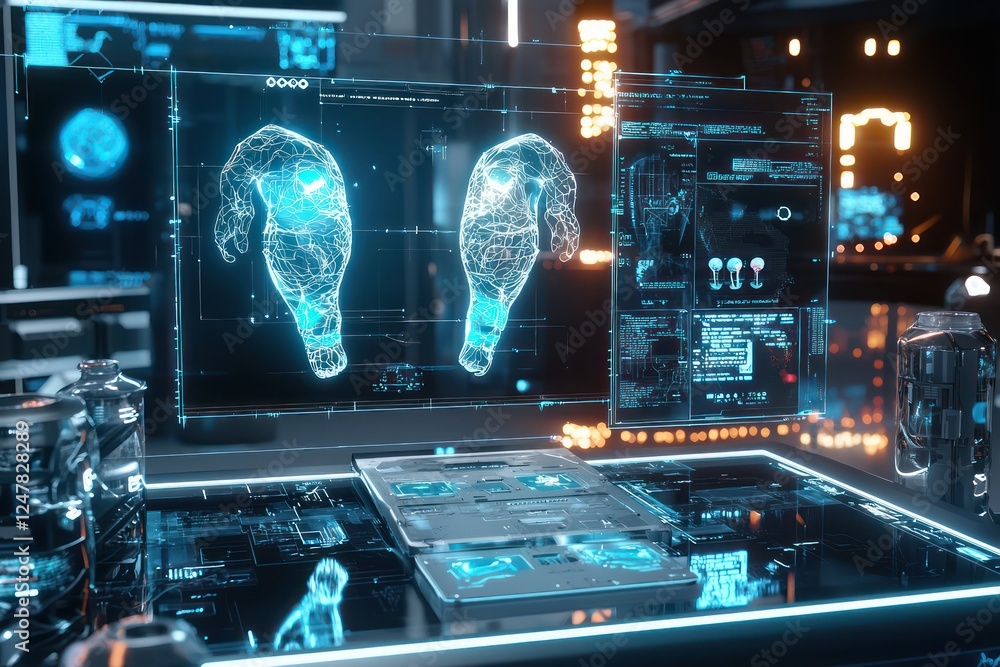 Poster neural tech hub visualizes prosthetic limb control through augmented holograms.