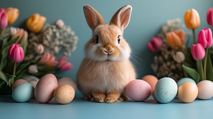 Charming Bunny Surrounded by Colorful Easter Eggs and Flowers