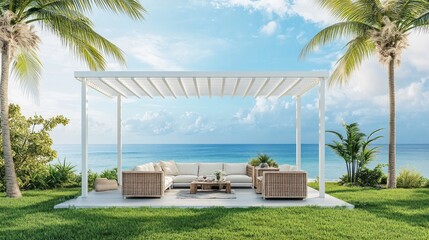 Fototapeta premium Tropical beachside pergola with lounge furniture