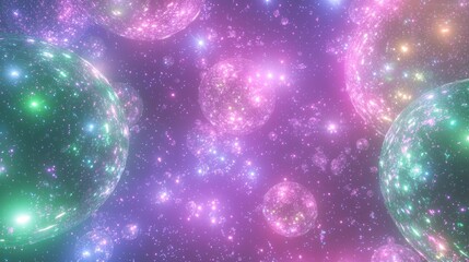Translucent Gradient Orbs in Cosmic Dance: Glowing Pink, Purple, Green Cinematic Image