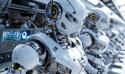 Fototapeta premium Robotic Assembly Line with a Control Dashboard, Representing Innovation in Automated Manufacturing