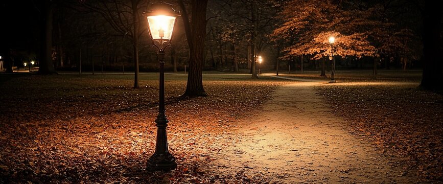 Night park path lit by lamps