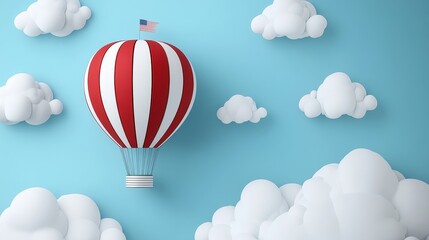 Fototapeta premium Red and White Striped Hot Air Balloon Soaring Through Fluffy Clouds Dreamy Flight Adventure Illustration