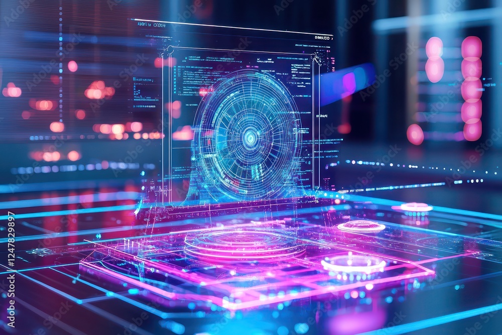 Poster innovative quantum research space visualizing post-quantum security measures with holography.
