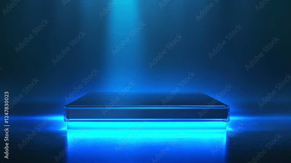 Poster blue illumination display platform on dark background with soft light