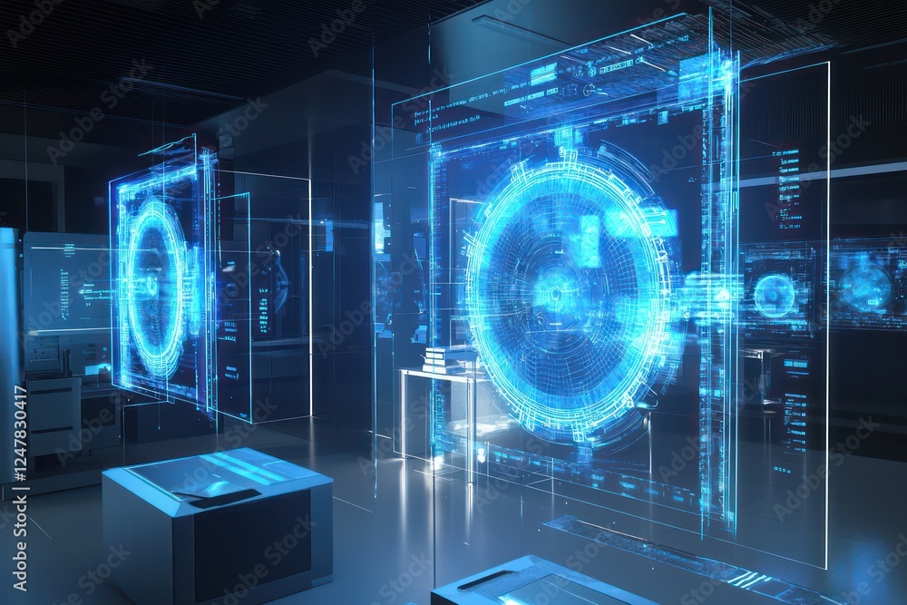 Poster quantum lab visualizes next-gen encryption methods via advanced holography.