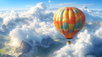 Fototapeta premium Hot Air Balloon Soaring Above Majestic Mountain Peaks and Cloudscape Scenic Aerial View