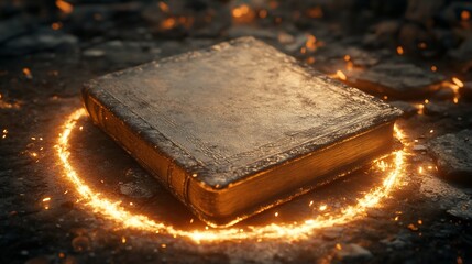 Ancient book surrounded by glowing magic circle on stone surface with embers