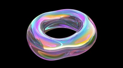 Vivid Fractal Donut Ring in Cinematic Rainbow Swirls on Black Background Ultra-Detailed Image